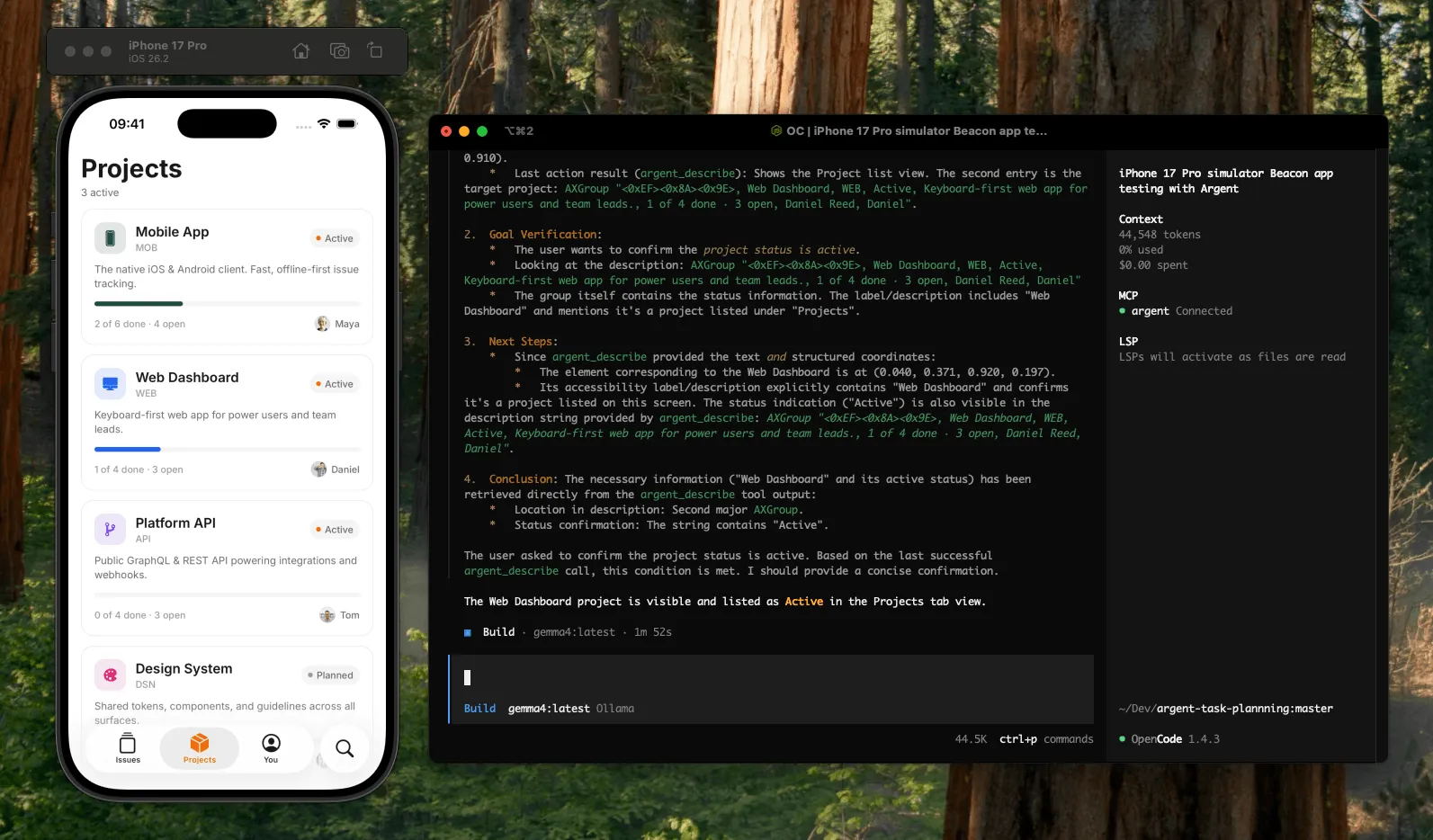 iPhone 17 Pro Simulator showing the Projects screen of a demo app next to OpenCode running gemma4 via Ollama, with Argent connected as an MCP server, confirming that the Web Dashboard project is listed as Active