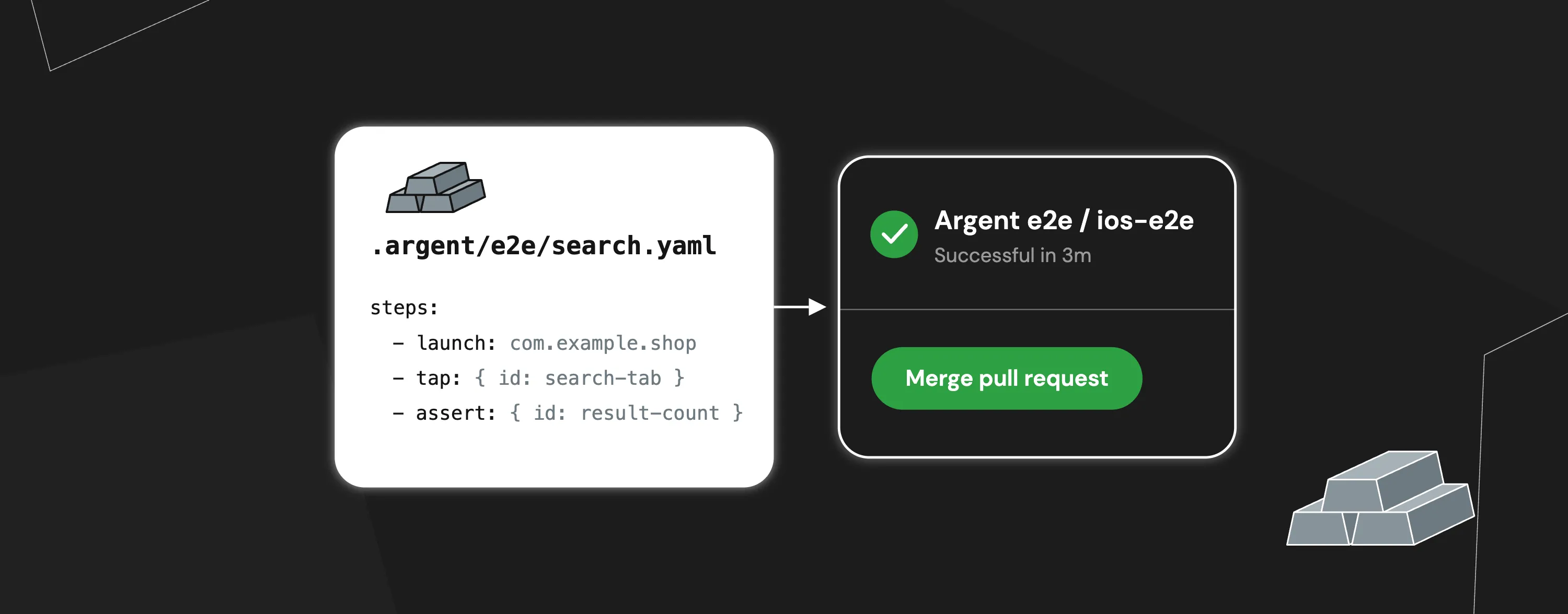 An Argent e2e test file, .argent/e2e/search.yaml, leading to a passing Argent e2e check and a Merge pull request button