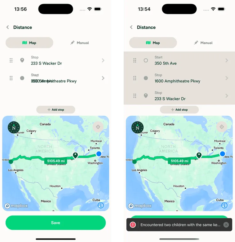 Two iOS Simulator screenshots of the Expensify distance editor: on the left, two waypoint rows overlap with garbled street names; on the right, all three waypoints are highlighted at once and a React warning reads "Encountered two children with the same key"
